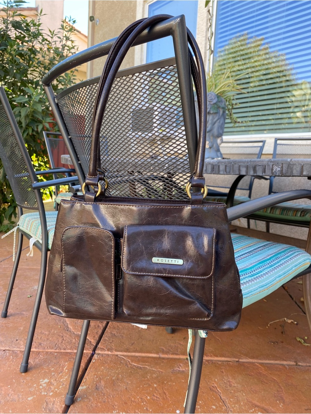 Rosetti Dark Brown Leather Shoulder Bag with Front Flap Pockets